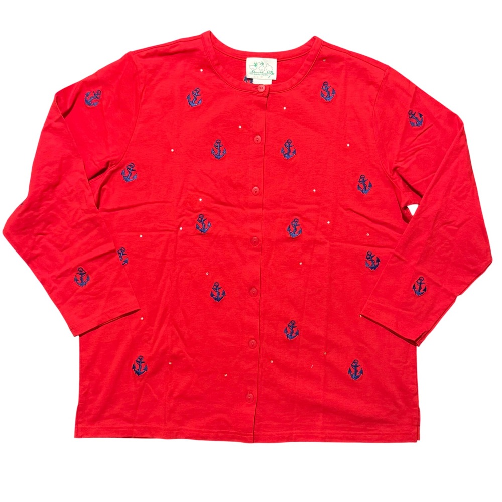 Quacker Factory Red Anchor Embroidered Rhinestone Button Front Top Cardigan 1X